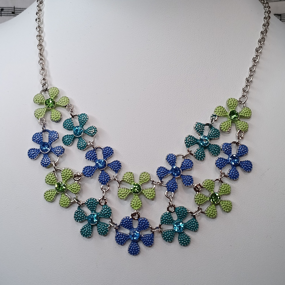 Studio Works Blue Green Flower Silver Tone Necklace and Earrings